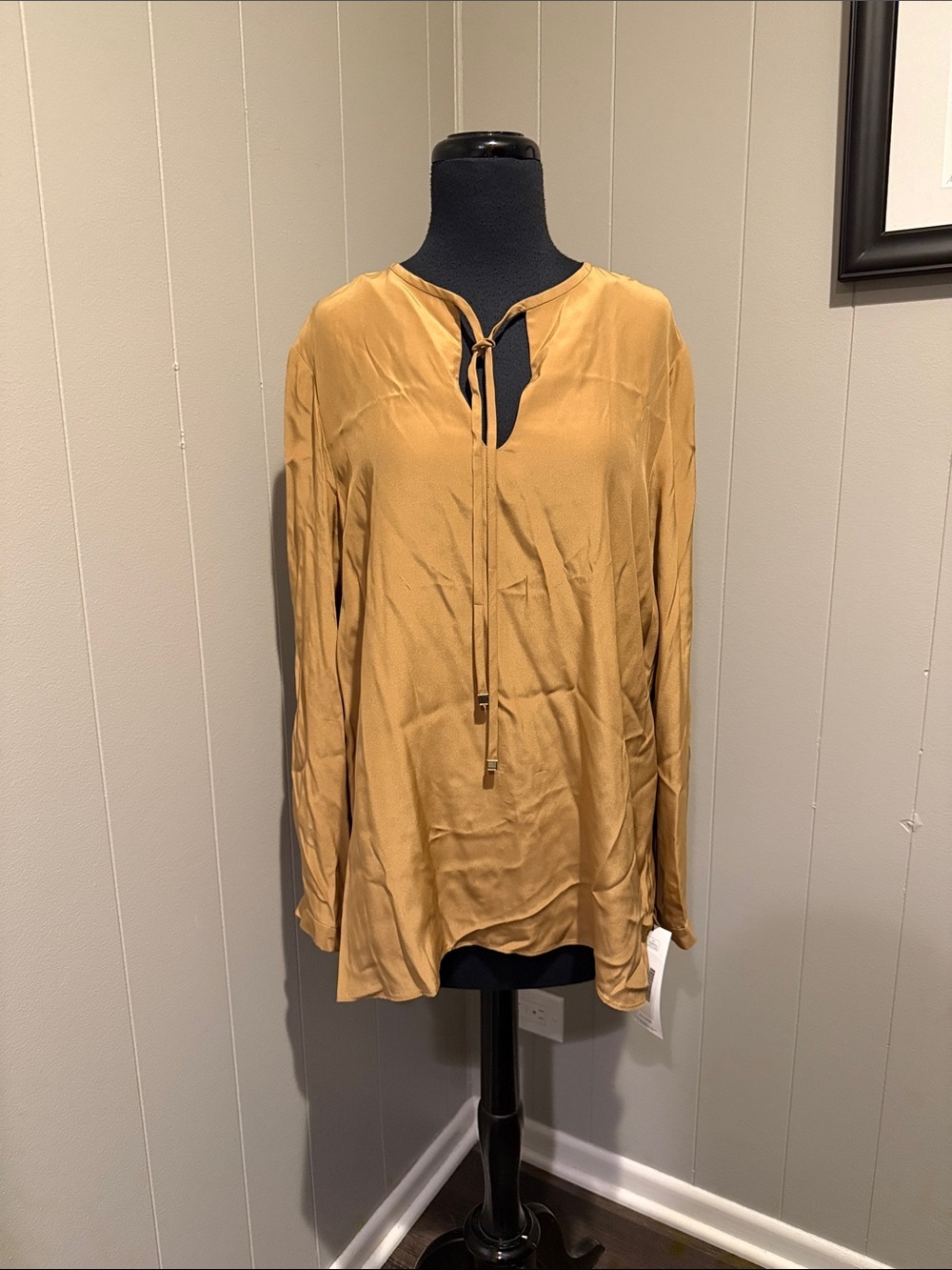 Lafayette 148 New York Women’s Large Tie-Neck Long-Sleeve Blouse in Mustard Tan
